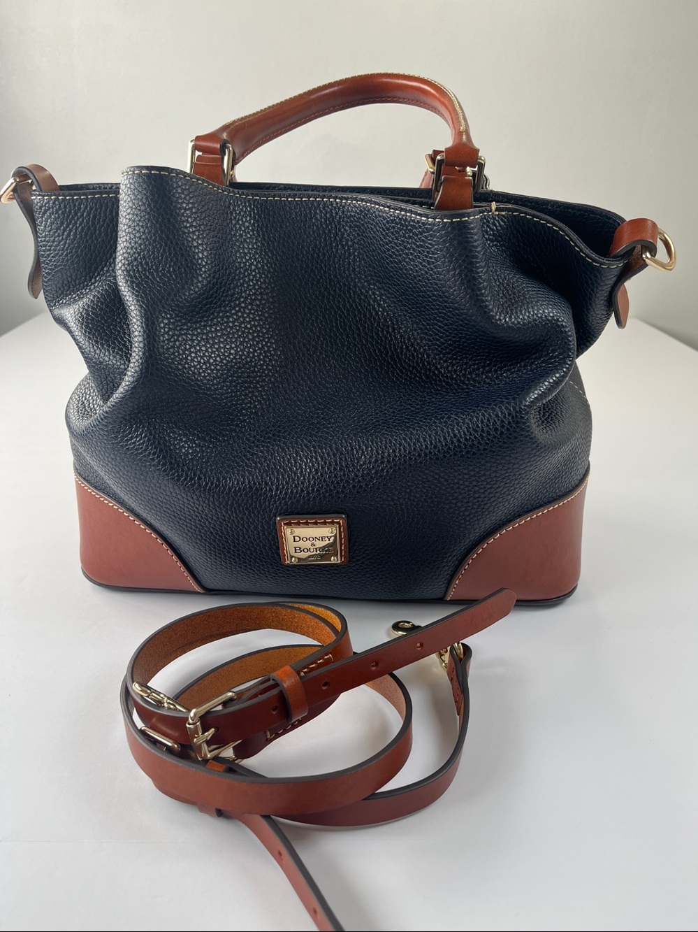 Dooney & Bourke Navy Pebbled Leather Shoulder Bag with Brown Trim - Picture 10 of 16